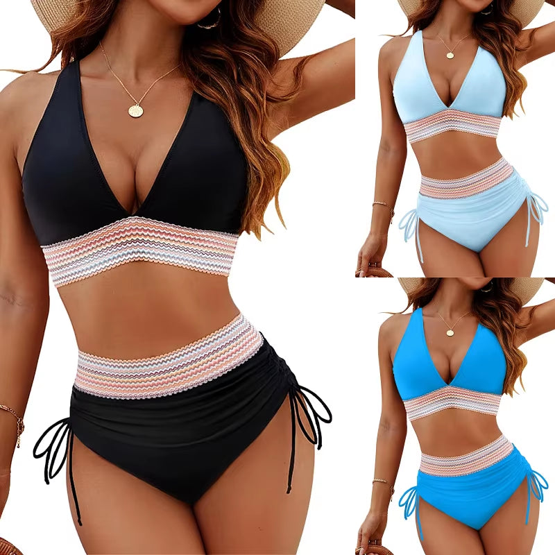 Elevate Your Swim Style with the 2025 Women's High Waist Split Bikini Set Featuring Adjustable Straps and Chest Cushion