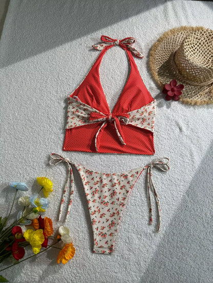 Elevate Your Summer Style with the 2025 Floral Halter Bikini - Sexy Backless Swimwear with Chic Tie Detail