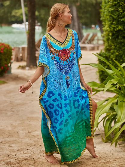 Elevate Your Beach Style with Our Women's Long Caftans - Stunning Print Bathing Suit Cover-Up and Casual Maxi Dress!