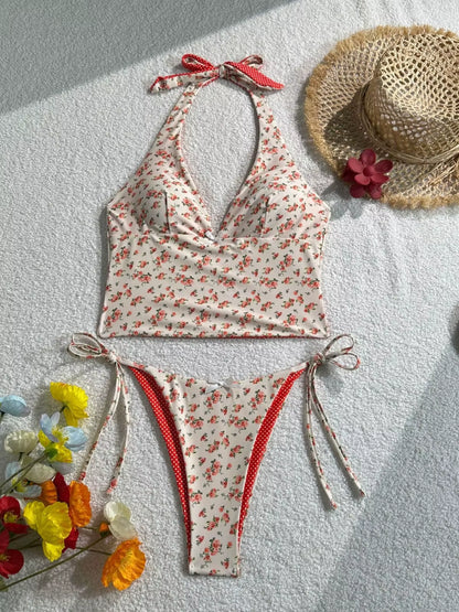 Elevate Your Summer Style with the 2025 Floral Halter Bikini - Sexy Backless Swimwear with Chic Tie Detail